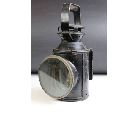 British Railways triple aspect lamp with Sherwoods burner, within a black case stamped 'B.R'. 28.5cm tall 