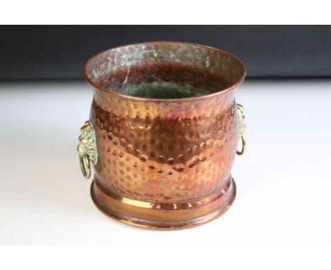 Copper Circular Planter with Brass Lion Mask Ring Handles, 18cm diameter x 16cm high 
