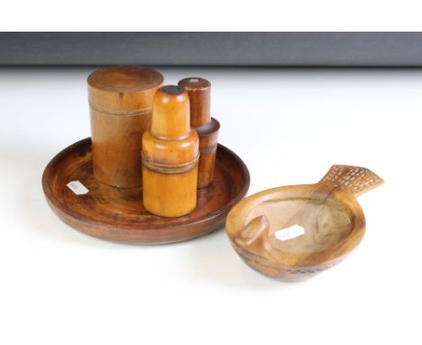Group of treen to include two medicine bottle cases (housing glass medicine bottles &amp; stoppers), storage jar &amp; cover 
