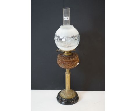 Victorian Oil Lamp with etched glass shade, amber glass well and brass column support, with chimney, 75cm high 