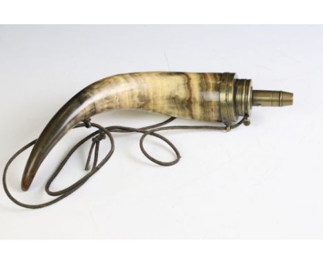 Late 19th / early 20th century horn gunpower flask with brass dispenser fitting, measures approx 26.5cm long 