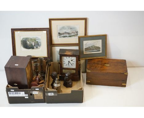 Mixed Lot including Tea Caddy, Writing Slope, Clock, 4 Brass Candlesticks, Elizabeth Arden Glass Skin Tonic Bottle with Stopp