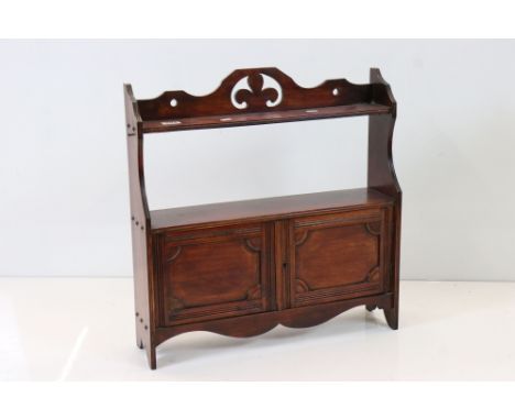 19th century Stained Wood Hanging Wall Shelf with two panel doors, 58cm long x 60cm high together with 19th century Black Lac