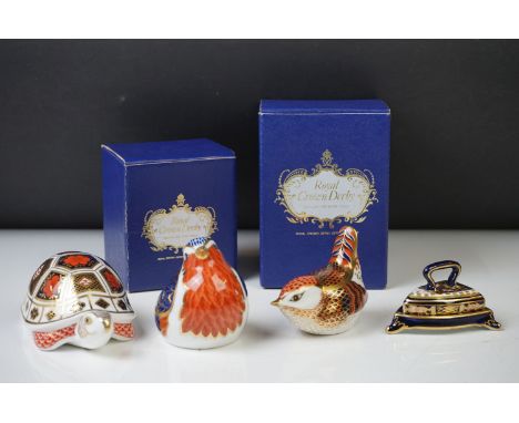 Three Royal Crown Derby paperweights to include Imari Wren (boxed, silver stopper), Robin (boxed, gold stopper), and an Imari