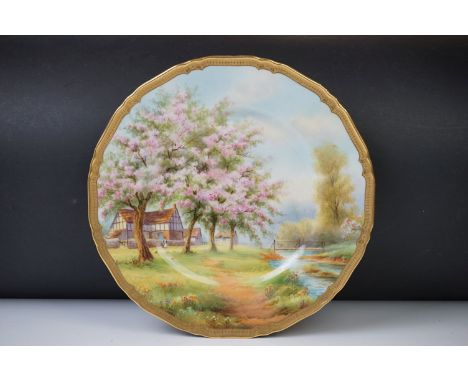 Royal Worcester hand painted cabinet plate titled 'Apple Blossom Old Storrige, Worcester St' possibly by Raymond Rushden, wit