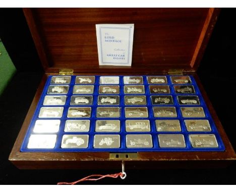 The Lord Montagu Collection of Great Cars comprising:- thirty six silver ingots each depicting a vintage car, in original fit