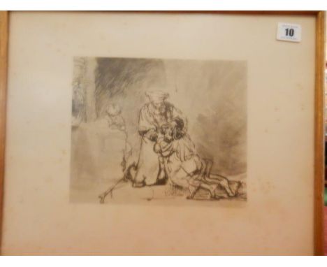 Two black and white engravings of figures, a black and white engraving after Turner of The Grand Canal and a black and white 