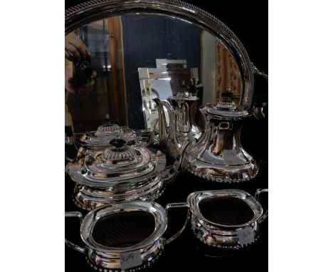 A Mappin and Webb five piece Georgian design silver plated tea and coffee service with half fluted decoration comprising:- te