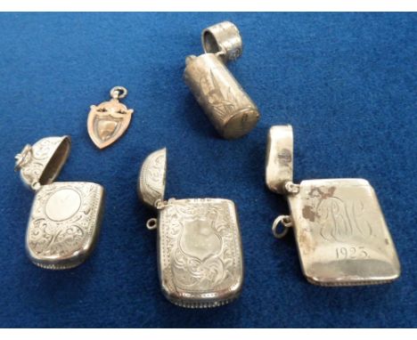 Silver, Vesta Cases etc., 3 vestas all hallmarked, to comprise 2 Victorian and one 1923, a silver lighter engraved with birds