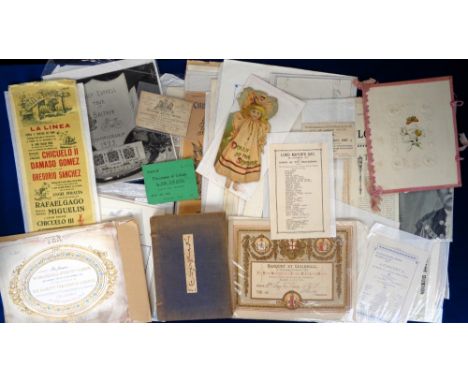 Ephemera, a collection of interesting items to include scraps, 1956 silk bull fighting advertisement, Tuck's Dolly At The Sea