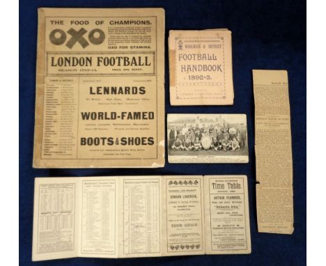 Woolwich Arsenal FC,  Woolwich and District Football Handbook from 1892/93 which includes fixtures for Royal Arsenal, Marlow 