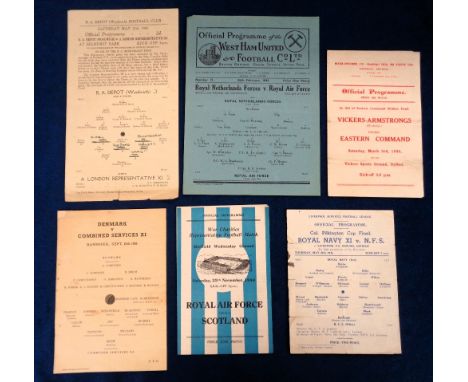Football programmes, a selection of six representative matches, RAF v Scotland, 25 Nov 1944, at Hillsborough, Denmark v Combi