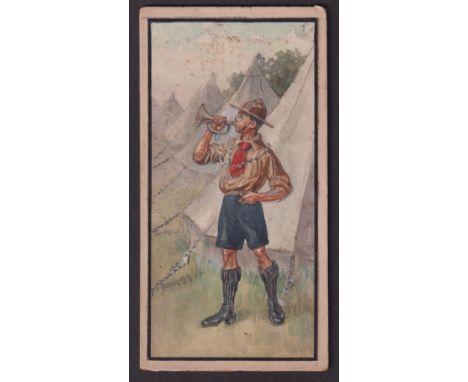 Cigarette card artwork, Cope's, Boy Scouts, original artwork on board showing Boy Scout blowing bugle, 163mm x 85mm (some fox