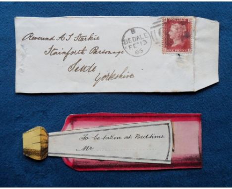 Greetings Card, a single card in the form of a medicine bottle with label. Complete with envelope addressed to a Reverend Sta