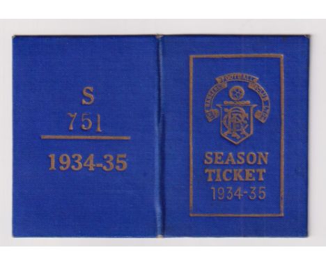 Glasgow Rangers Season Ticket, 1934-35. A blue fold-out 4 page card season ticket in blue with gilt lettering (gd) (1). From 