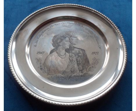 Silver, 1972 John Pinches Silver Wedding Anniversary Queen Elizabeth and Prince Philip 925 hallmarked engraved platter 250mm 