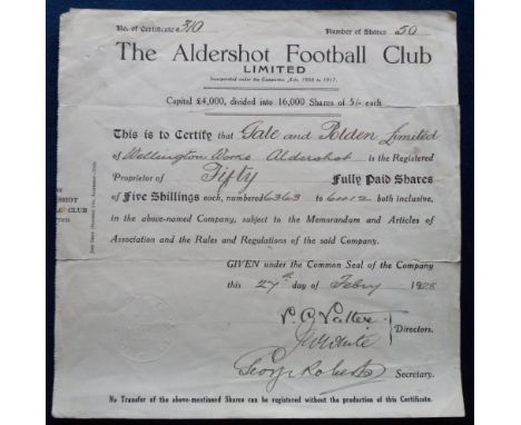 Ephemera, Football, a scarce share certificate for Aldershot Football Club, issued to Gale &amp; Polden Ltd of Wellington Wor