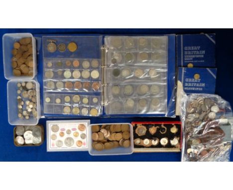 Coins, 100s of assorted UK coins dating from the 19th and 20thC to include 1836 Half Crown, 1849 Florin, 1887 Shilling, 1950 