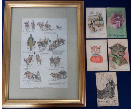 Postcards, Louis Wain, 5 illustrated Wain postcards sold with a framed and glazed Louis Wain cartoon from The Sketch Magazine