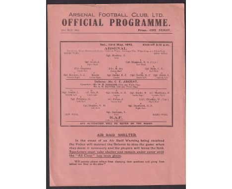 Football programme, Arsenal v R.A.F, 23 May 1942, single sheet (gd)