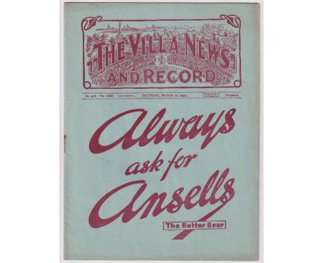 Football programme, Arsenal v Manchester City 12 March 1932, FA Cup semi-final played at Villa Park (vg)