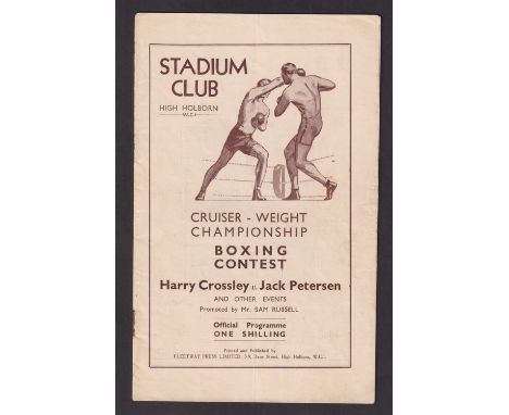 Boxing programme, Harry Crossley v Jack Petersen, British Light Heavyweight Title Bout, held at High Holborn Stadium, May, 19