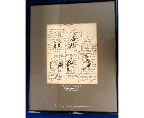 Reading Reserves v Arsenal Reserves, London Combination, 6th March 1937. Framed & glazed original cartoon by 'Snooper' & publ
