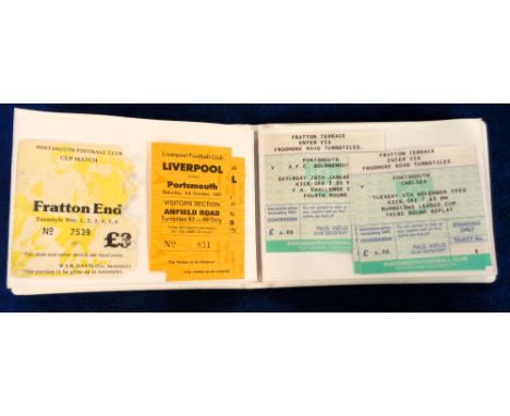 Portsmouth FC, a small photo album containing 50+ home and away match tickets, 1970/90's, homes include Aldershot FAC 76/77, 