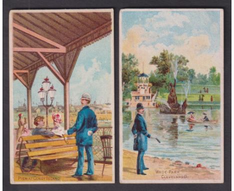 Cigarette cards, USA, Buchner, American Scenes with Policeman, 'X' size, two cards, Pier at Coney Island ('Jay Irving Collect