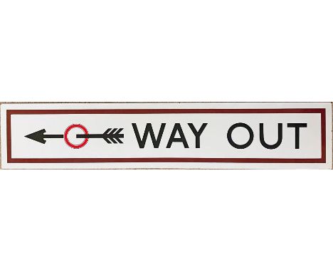 1930s/40s London Underground ENAMEL SIGN 'Way Out' with the pre-WW2 3-feathered arrow and brown edging. Measures 52.5" x 10.5