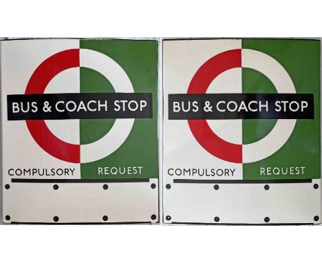 1950s/60s London Transport enamel BUS &amp; COACH STOP FLAG (Bus Compulsory, Coach Request), an E3 version with space for 3 e