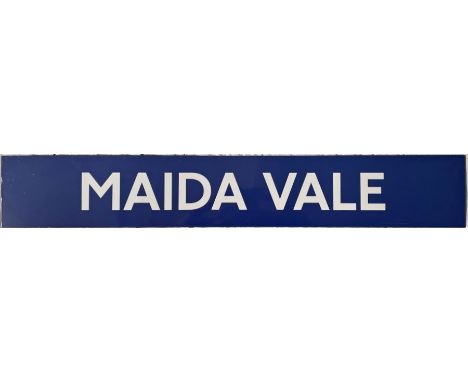 London Underground enamel PLATFORM SIGN from Maida Vale on the Bakerloo Line. The name bar from a roundel, the sign measures 