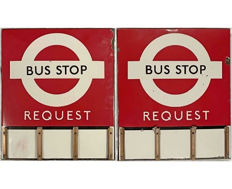 1950s/60s London Transport enamel BUS STOP FLAG (Request), an E3 version with space for 3 e-plates on both sides. A tradition