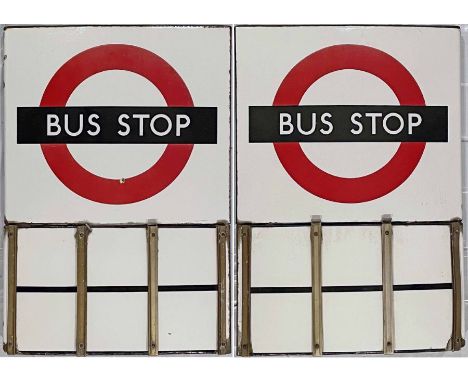 London Transport enamel bus STOP FLAG (Compulsory). A 1950s/60s 'bullseye'-style, E6-size, double-sided 'boat'-type flag comp