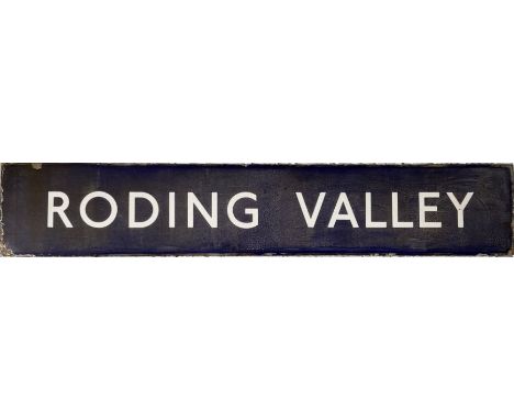 London Underground enamel PLATFORM SIGN from Roding Valley station on the Hainault loop of the Central Line. The centre bar f