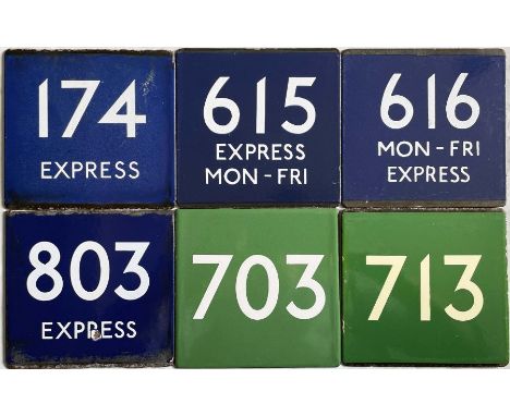Quantity (6) of London Transport bus or coach stop enamel E-PLATES comprising express routes (blue background) 174, 615 Mon-F