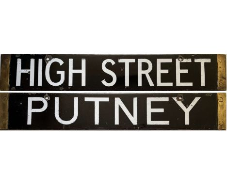 London Underground Q-Stock enamel DESTINATION PLATE for High Street [Kensington] / Putney on the District Line. Double-sided 