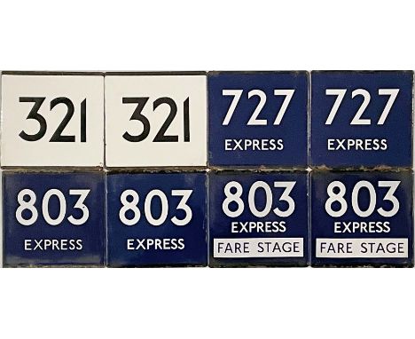 Selection (8) of London Transport bus and coach stop enamel E-PLATES comprising 4 pairs: 321, 727 Express, 803 Express and 80