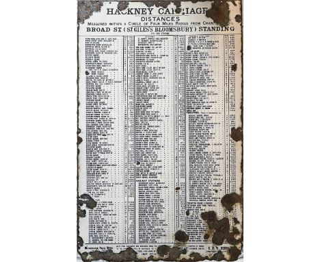 c1870s London Taxi ENAMEL SIGN 'Hackney Carriage Distances'. This was located at the Broad Street, St Giles's Bloomsbury Taxi