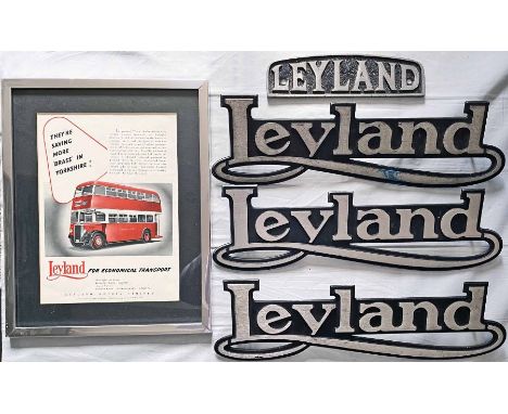 Selection (5) of Leyland bus items comprising a 1950s/60s alloy RADIATOR BADGE, 3 x c1980s script light-alloy NAME-BADGES, pr