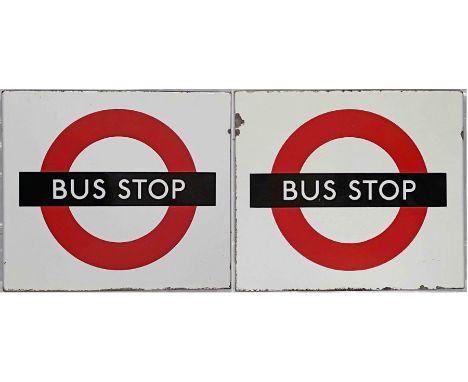 1950s/60s London Transport enamel BUS STOP FLAG (Compulsory). A double-sided, hollow 'boat'-style flag measuring 18" x 16" (4