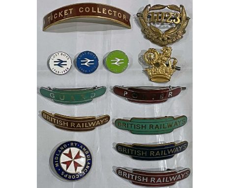 Selection (13) of RAILWAY BADGES comprising Midland Ry Ambulance Corps, MET &amp; LNE '1023', BR 'lion &amp; wheel', 3 x 'Los