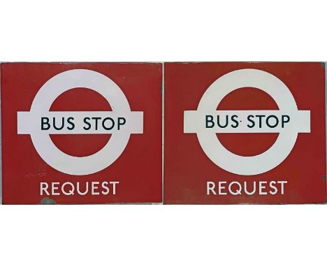 1970s London Transport enamel BUS STOP FLAG (Request). A double-sided, hollow 'boat'-style flag measuring 18" x 16" (46cm x 4