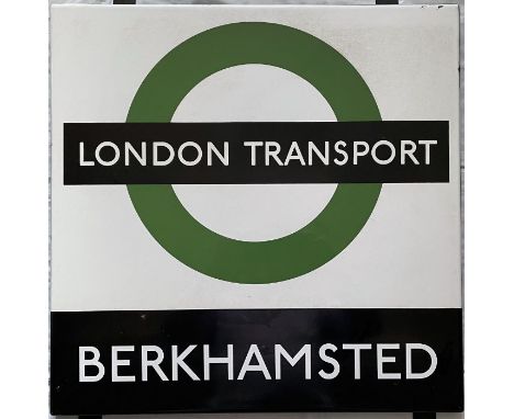 1950s/60s London Transport enamel BUS STOP SIGN 'Berkhamsted' from a 'Keston' wooden bus shelter in that town in Hertfordshir
