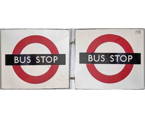 1950s/60s London Transport enamel BUS STOP FLAG (Compulsory). A double-sided, hollow 'boat'-style flag measuring 18" x 16" (4