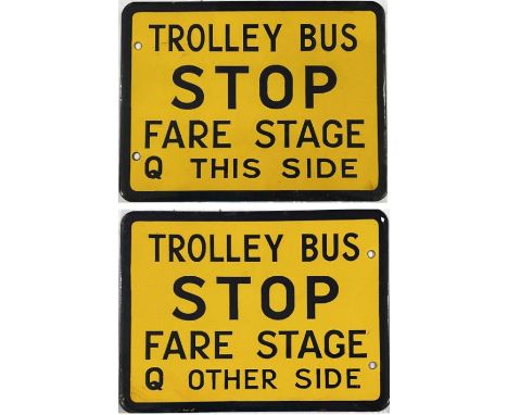 Enamel TROLLEY BUS STOP FLAG - Fare Stage, Q this side, Q other side. A double-sided sign believed to be from the South Lanca