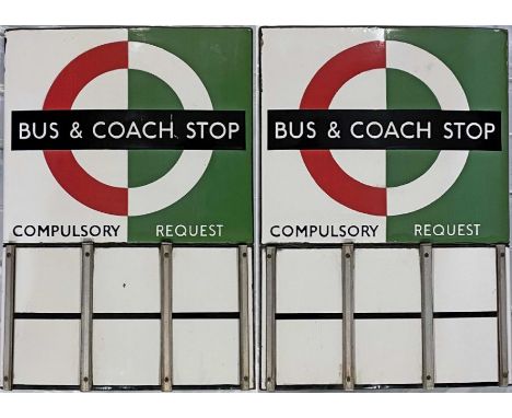 London Transport enamel BUS &amp; COACH STOP FLAG (Bus Compulsory, Coach Request). A 1950s/60s 'bullseye'-style, E6-size, dou