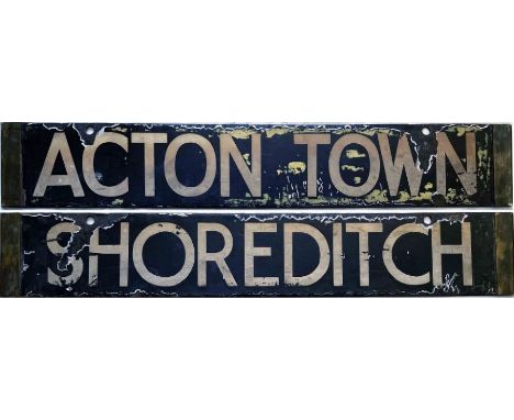 London Underground Q/CO/CP Stock enamel DESTINATION PLATE for Acton Town/Shoreditch on the District/East London Line. An inte