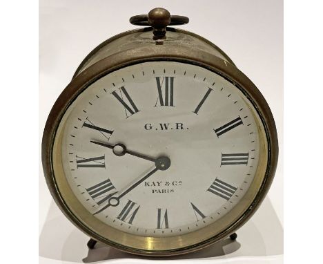 Great Western Railway (GWR) brass DRUM CLOCK WITH 'GWR. Kay &amp; Co, Paris' on the enamel dial which measures 3.5" (9cm) in 
