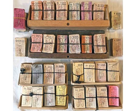 Selection (6) of bus TICKET RACKS comprising double-sided, 12-position and single-sided, 6-position examples, both filled wit